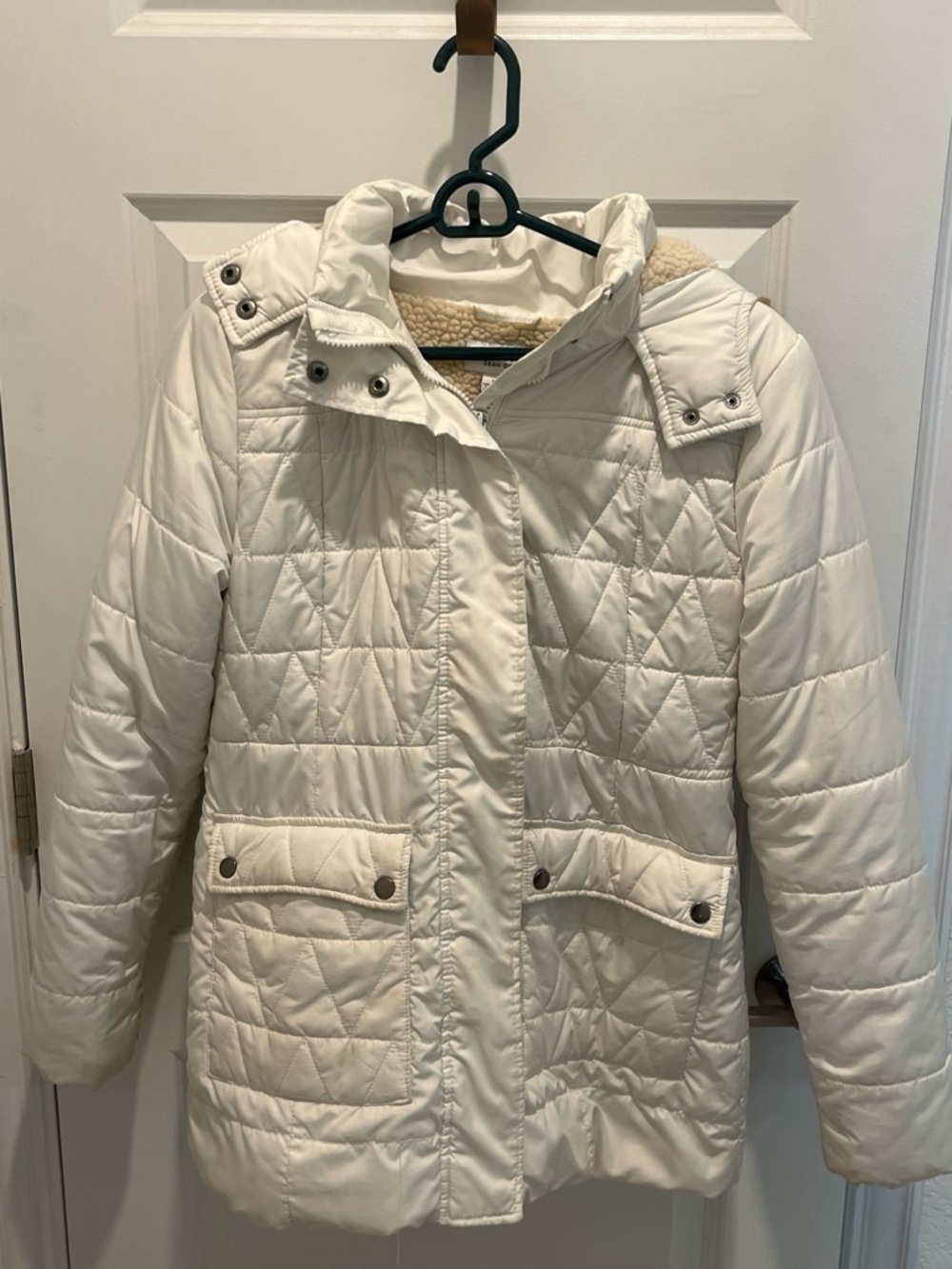 Women's Quilted Cream Puffer Coat with Sherpa Lining